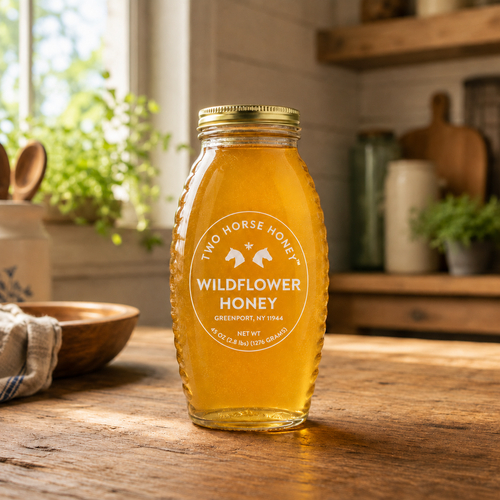Two Horse Honey wildflower honey in a 45 oz Queenline jar